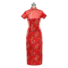 Muatkan imej ke dalam penonton Galeri, Short Sleeve Brocade Traditional Cheongsam Dragon &amp; Phoenix Pattern Chinese Dress
