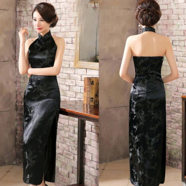 Backless Brocade Cheongsam Floral Chinese Dress Evening Gown