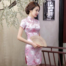 Load image into Gallery viewer, Short Sleeve Brocade Cheongsam Mini Floral Chinese Dress
