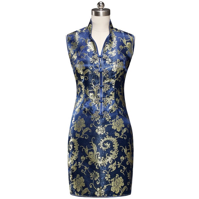 V Neck Paisley Pattern Brocade Cheongsam Chinese Dress