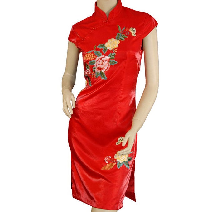 Cap Sleeve Flower Embroidery Cheongsam Mini Chinese Dress