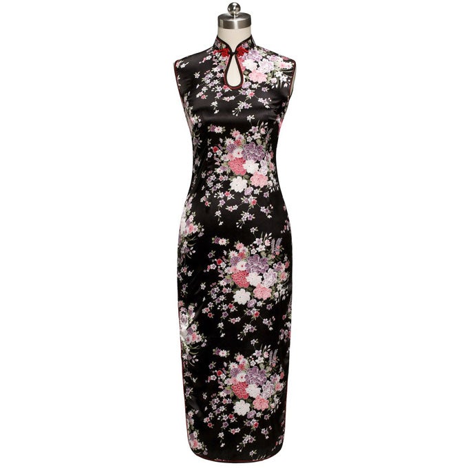 Rayon Cheongsam Floral Chinese Dress Key Hole Neck