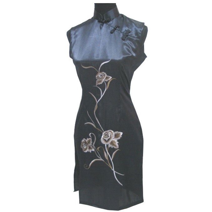 Sleeveless Floral Embroidery Cheongsam Mini Chinese Dress