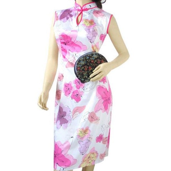 Key Hole Neck Knee Length Floral Cheongsam