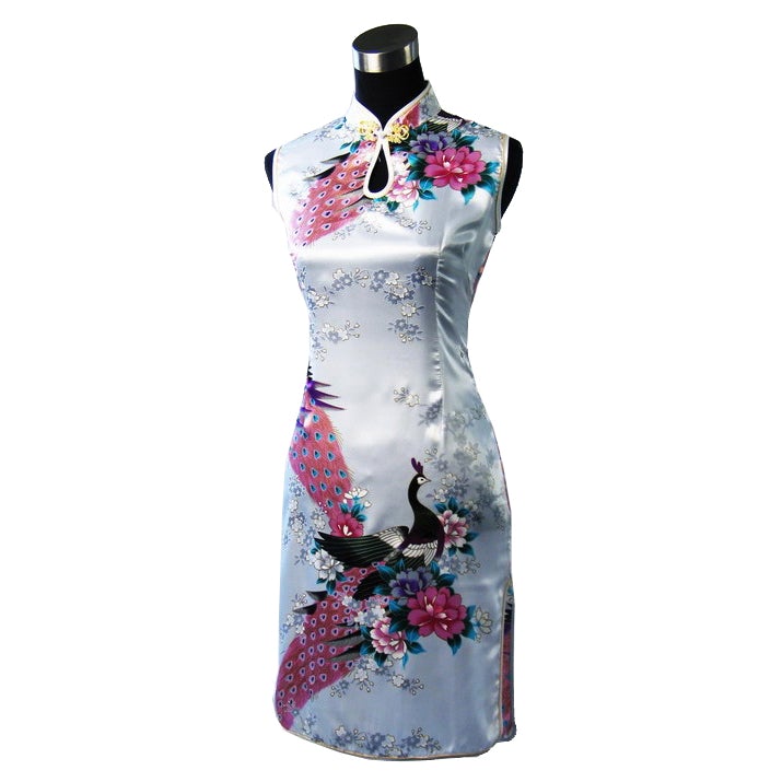 Peacock Pattern Traditional Silk Cheongsam Knee Length Chinese Dress