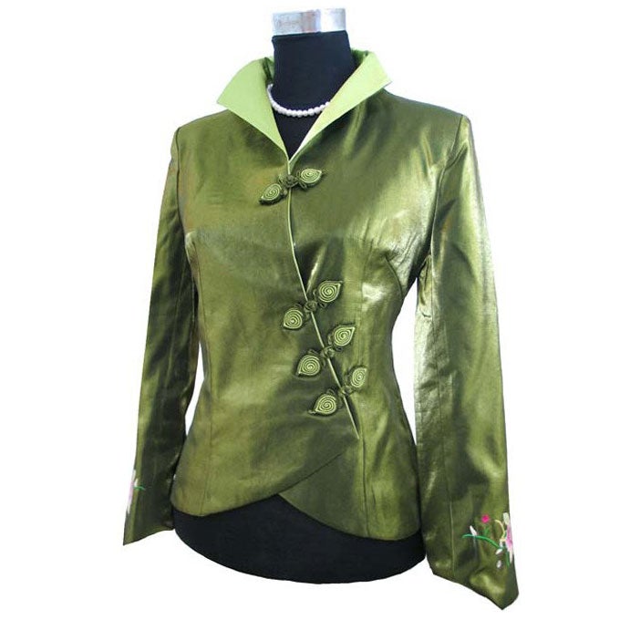 V Neck Taffeta Chinese Jacket Floral Embroidery on Cuff