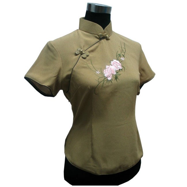 Mandarin Collar Floral Embroidery Silk Chinese Blouse