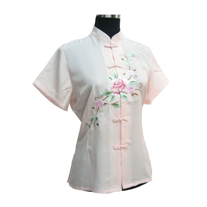 Short Sleeve Silk Blend Floral Embroidery Chinese Shirt