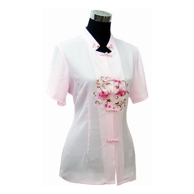 Short Sleeve Floral Embroidery Silk Blend Chinese Shirt