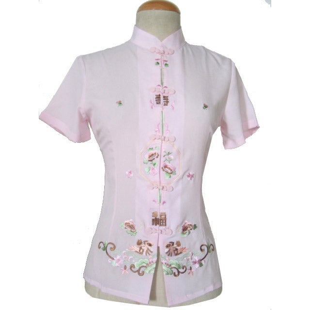 Mandarin Collar Floral Embroidery Silk Blend Chinese Shirt