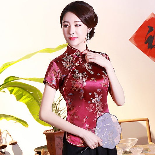 Short Sleeve Dragon & Phoenix Pattern Brocade Chinese Shirt