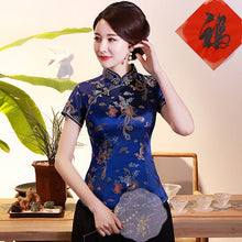 Muatkan imej ke dalam penonton Galeri, Short Sleeve Dragon &amp; Phoenix Pattern Brocade Chinese Shirt
