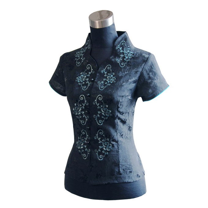 Short Sleeve V Neck Chinese Shirt with Floral Embroidery