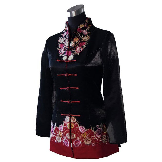 Taffeta V Neck Floral Embroidery Chinese Jacket