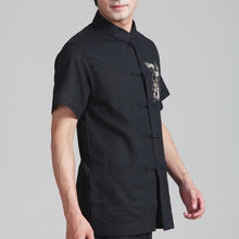 Muatkan imej ke dalam penonton Galeri, Short Sleeve Dragon Embroidery Linen Chinese Kung Fu Shirt
