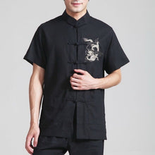 Muatkan imej ke dalam penonton Galeri, Short Sleeve Dragon Embroidery Linen Chinese Kung Fu Shirt
