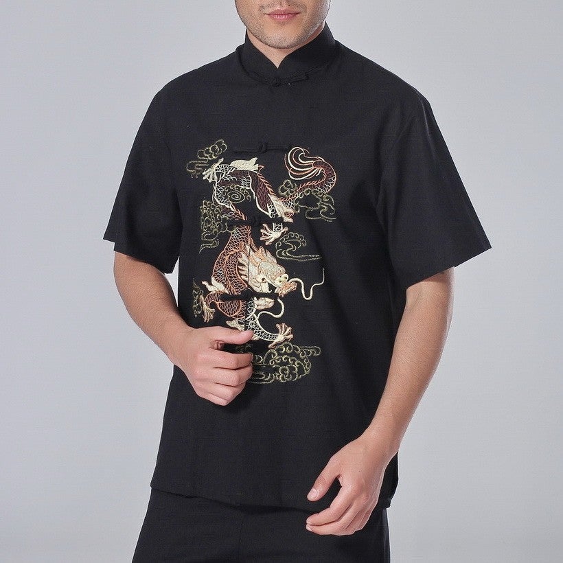 Short Sleeve Dragon Embroidery Linen Chinese Kung Fu Shirt