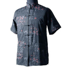 Load image into Gallery viewer, Short Sleeve Cotton Chinese Shirt with Floral &amp; Calligraphy Pattern
