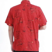 Load image into Gallery viewer, Short Sleeve Cotton Chinese Shirt with Floral &amp; Calligraphy Pattern
