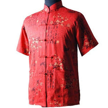 Muatkan imej ke dalam penonton Galeri, Short Sleeve Cotton Chinese Shirt with Floral &amp; Calligraphy Pattern
