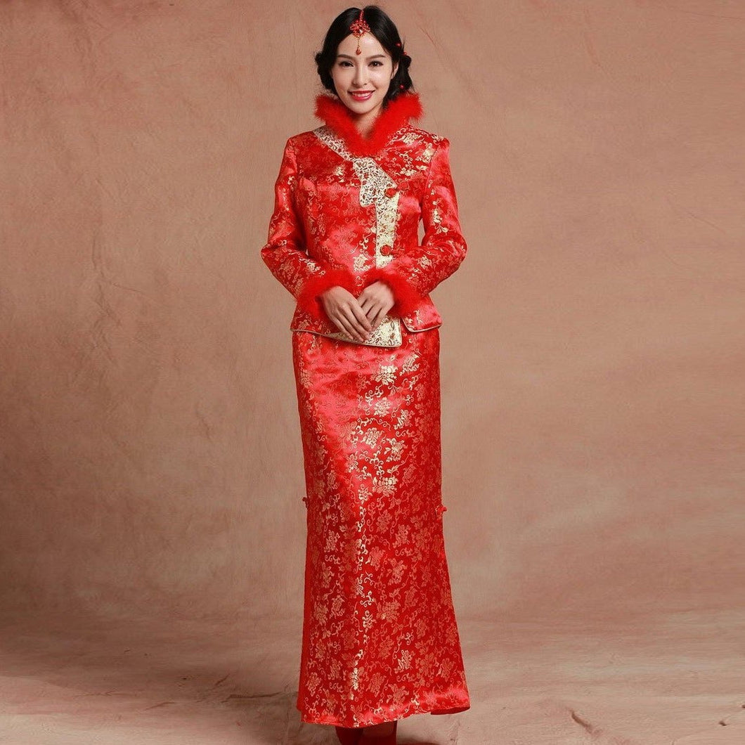 Long Sleeve Fur Collar & Cuff Brocade Chinese Wedding Suit