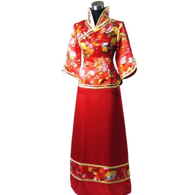 Standad Collar Mandarin Sleeve Floral Chinese Wedding Dress