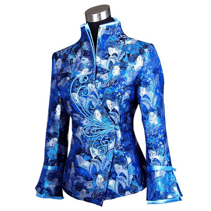 Geisha Faces Pattern Brocade Chinese Jacket with Butterfly Button