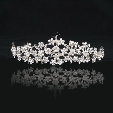 Chaplet Style Silver Alloy with Pearls & Rhinestones Tiara Crown