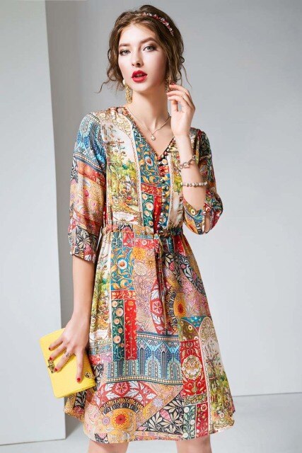 100% Pure Silk Women's Runway Dresses V Neck 3/4 Sleeves Printed Buttons Detailing Fashion Summer Short Dresses