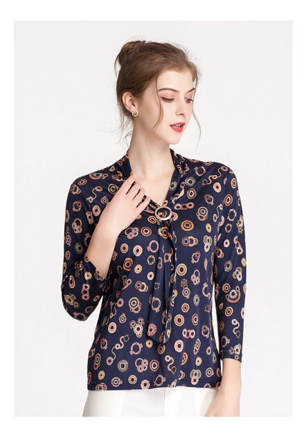 100% Silk Women's Blouse V Neck Sashes Floral Printed 3/4 Sleeves Fashion Pullover Shirt Tops