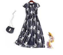 Load image into Gallery viewer, 100% Silk Women&#39;s Dress O Neck Short Sleeves Sash Belt Animals Printed Fashion Casual Mid Runway Dresses
