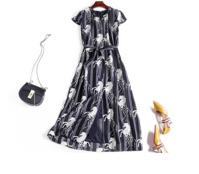 100% Silk Women's Dress O Neck Short Sleeves Sash Belt Animals Printed Fashion Casual Mid Runway Dresses