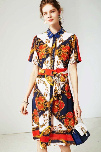 100% Silk Women's Dresses Turn Down Collar Short Sleeves Sash Belt Floral Printed Fashion Casual Dresses