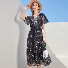 Load image into Gallery viewer, 100% Silk Women&#39;s Runway Dresses Sexy V Neck Flare Short Sleeves Printed Tiered Ruffles Fashion Summer Holiday Dresses
