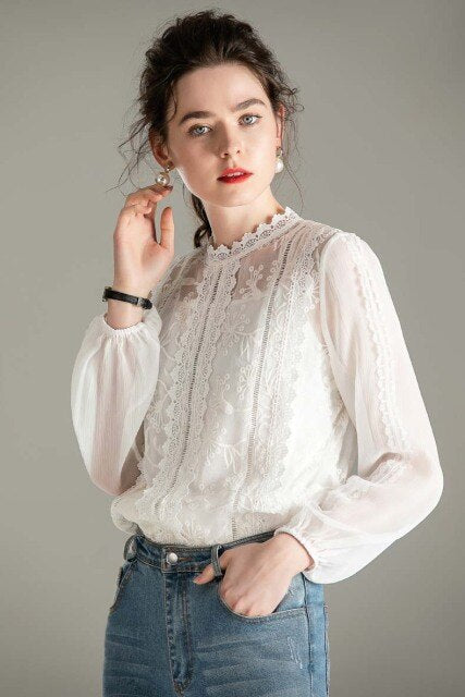 100% Silk Women's Runway Shirt Stand Collar Long Sleeves Embroidery Lace Elegant Pullover Fashion Blouse Shirt