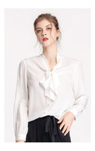 Muatkan imej ke dalam penonton Galeri, 100% Silk Women&#39;s Shirt Bow Collar Long Sleeves Elegant Casual High Street Blouse Shirt
