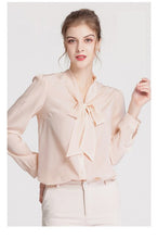 Muatkan imej ke dalam penonton Galeri, 100% Silk Women&#39;s Shirt Bow Collar Long Sleeves Elegant Casual High Street Blouse Shirt
