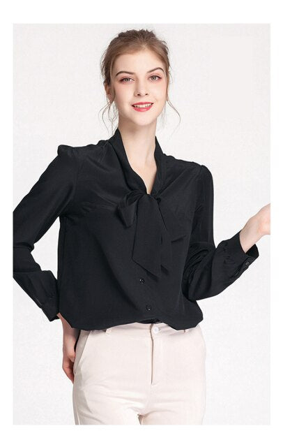 100% Silk Women's Shirt Bow Collar Long Sleeves Elegant Casual High Street Blouse Shirt