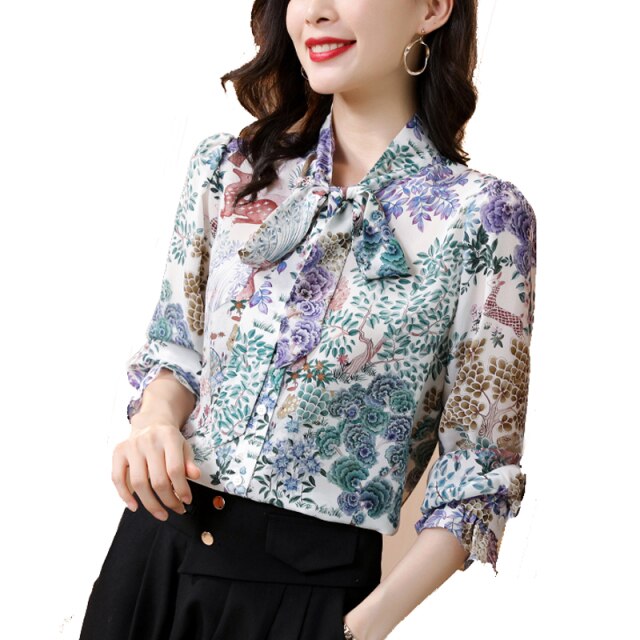 100% Silk Women's Shirt Lace Up Bow Collar Long Sleeves Printed Elegant Blouse Fashion Tops