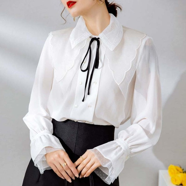 100% Silk Women's Shirt Turn Down Collar Long Sleeves Double Breasted Patchwork Fashion Casual Blouse Camisa Tops