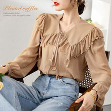 Muatkan imej ke dalam penonton Galeri, 100% Silk Women&#39;s Shirt Turn Down Collar Long Sleeves Lace Up Ruffles Elegant Fashion Blouse Tops
