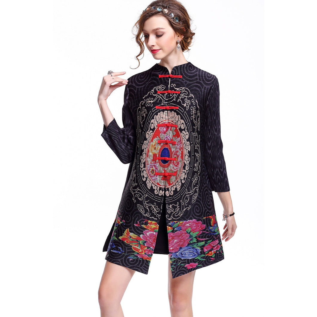 Long Sleeve Knee Length Floral Chinese Style Wind Coat with Strap Buttons