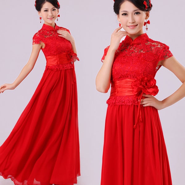 Mandarin Collar Lace Top Chiffon Skirt Chinese Wedding Dress