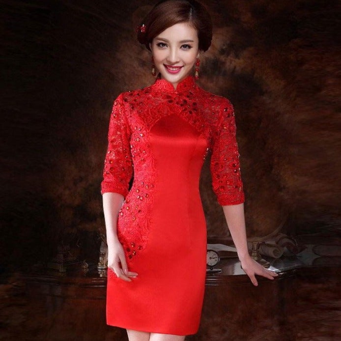 Lace Neck Mandarin Collar Knee Length Chinese Wedding Dress