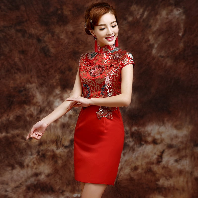 Brocade Top Satin Skirt Chinese Wedding Party Dress