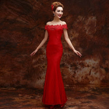 Muatkan imej ke dalam penonton Galeri, Off Shoulder Mermaid Lace Chinese Wedding Party Dress
