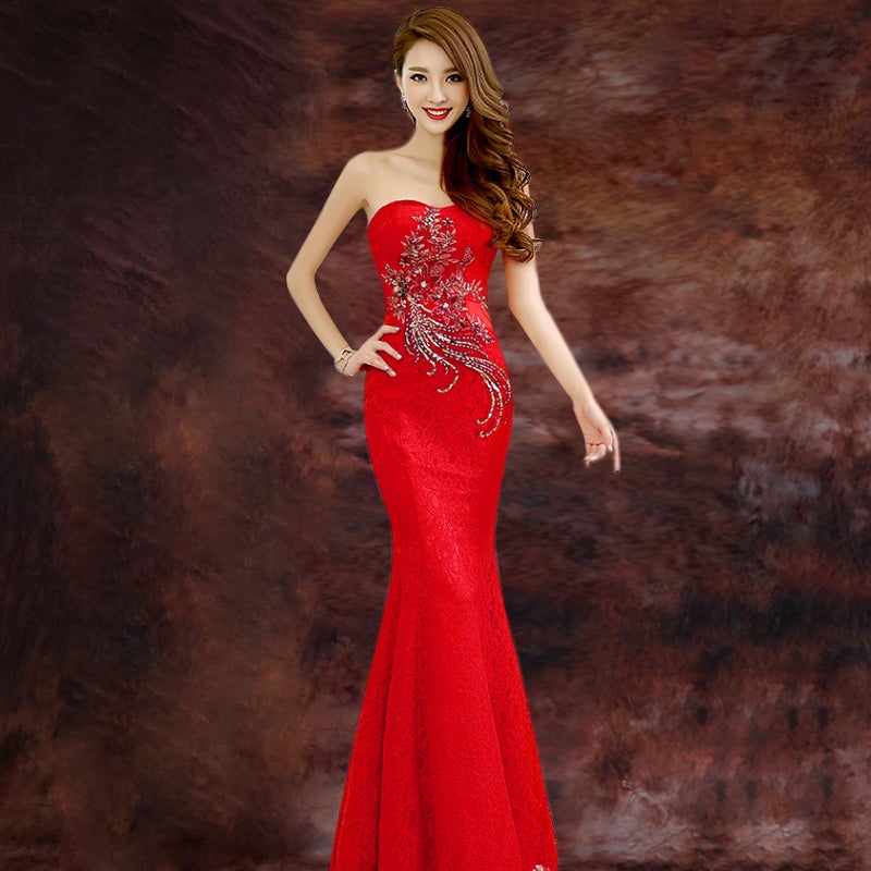 Floral Sequins Strapless Mermaid Chinese Wedding Dress