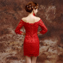 Load image into Gallery viewer, Off Shoulder Lace Up Back Knee Length Lace Chinese Wedding Dress
