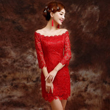 Load image into Gallery viewer, Off Shoulder Lace Up Back Knee Length Lace Chinese Wedding Dress
