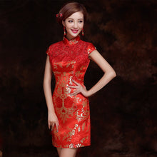 Load image into Gallery viewer, Lace Neck Floral Brocade Knee Length Cheongsam Chinese Wedding Dress
